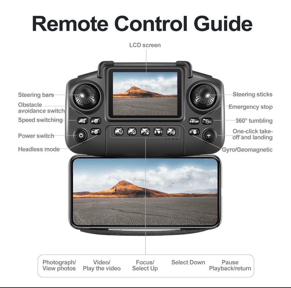 E99 Max Drone Screen Controller, 2 batteries, Altitude Hold, One Key Take Grey
