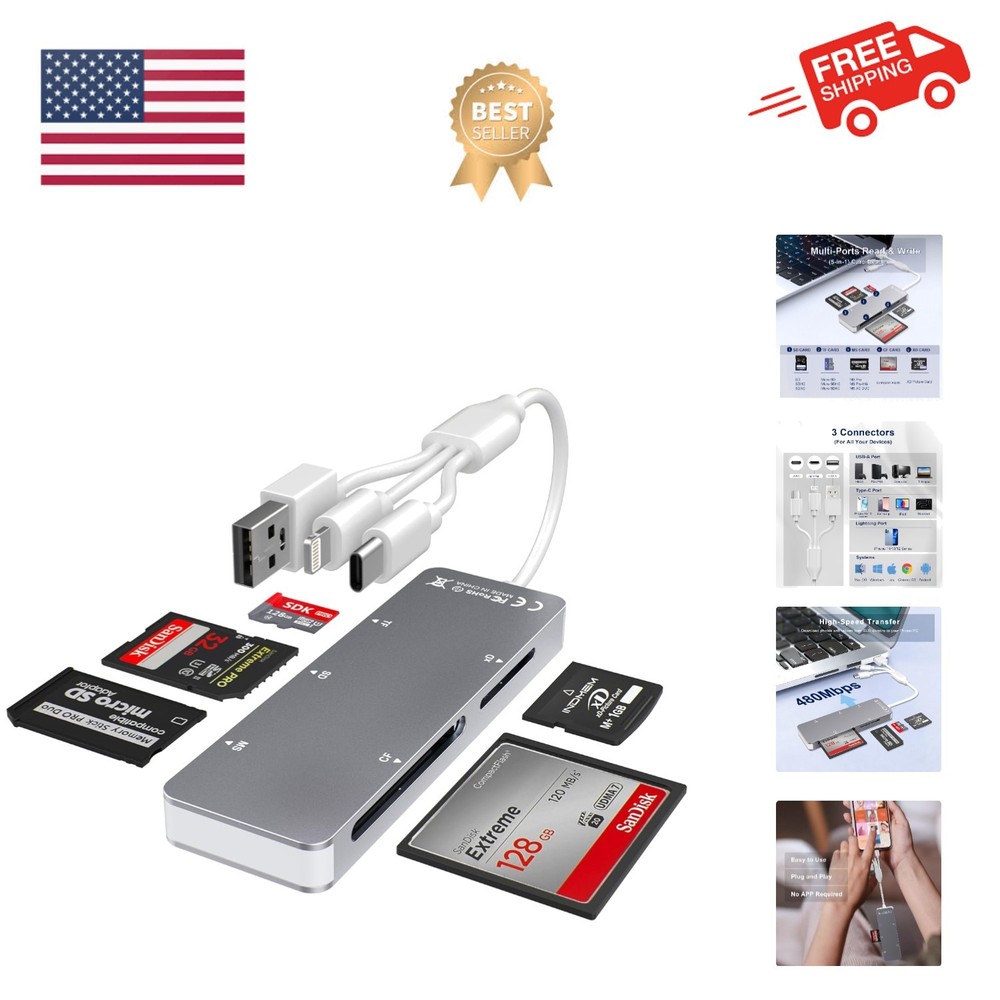 Aluminum 5-in-1 Memory Stick Pro Duo Adapter for iPhone/PC/Android, Lightning...