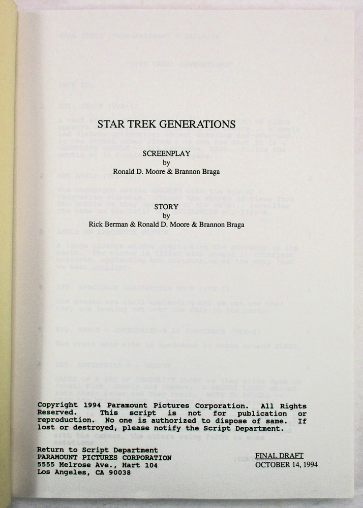 "Star Trek Generations" Final Draft Screenplay softcover Oct. 14, 1994 Paramount