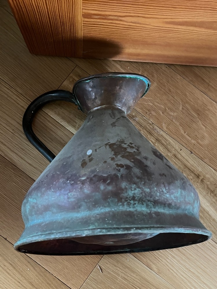 Antique Large Solid Copper Metal Primitive Pitcher w Numbers indicating size –