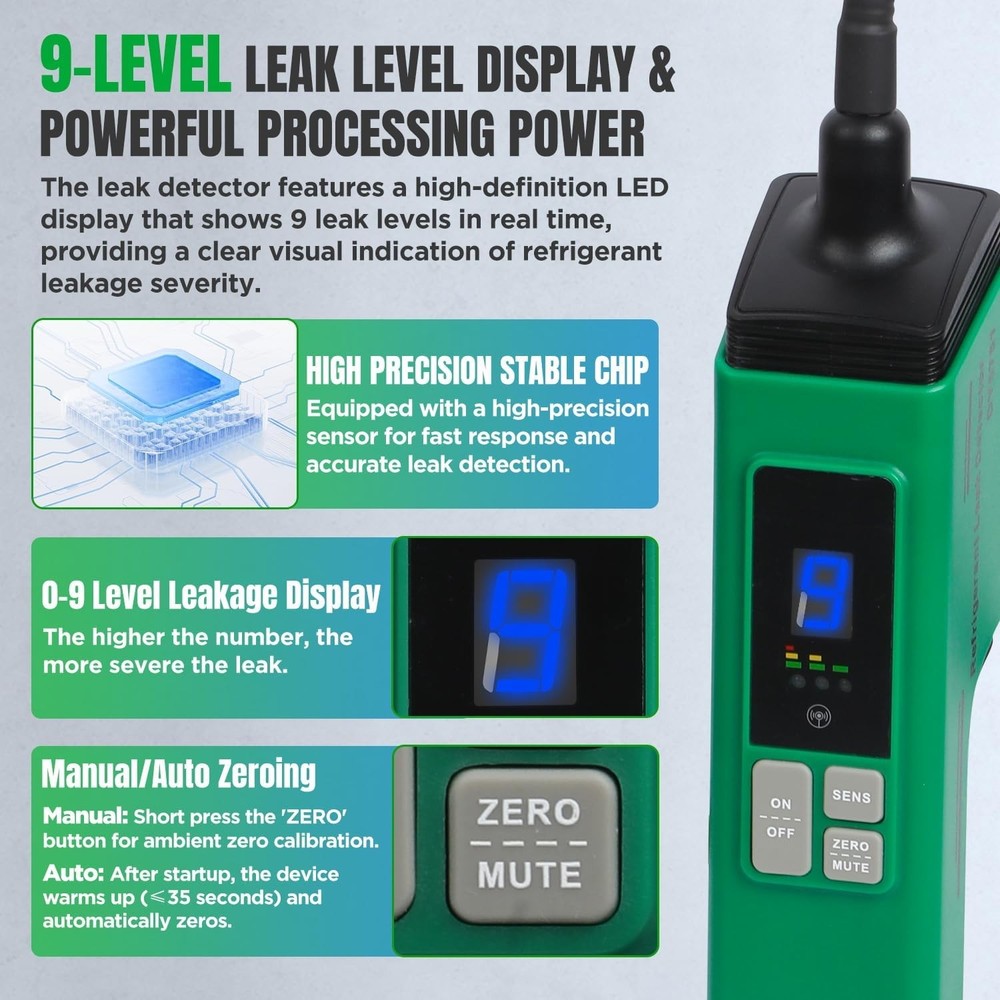Sensitive HVAC Refrigerant Leak Detector with Heated Diode Sensor