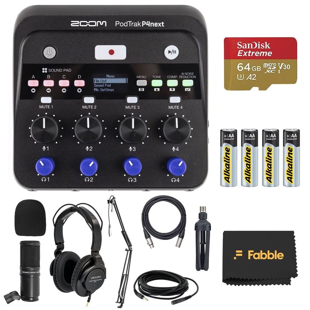 Zoom PodTrak P4next Portable Multitrack Podcast Recorder Bundle