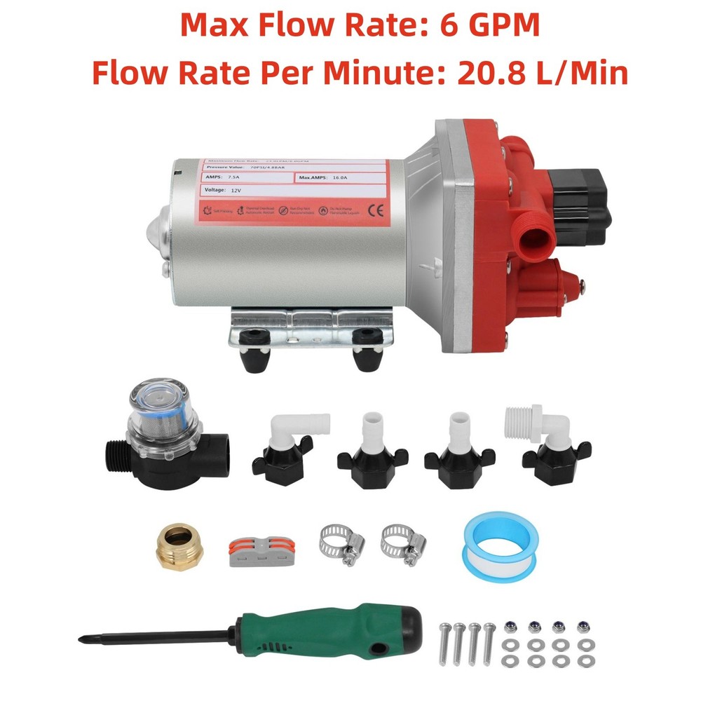 12V Water Pump Self-Priming Pressure Diaphragm Pump 70 PSI 6 GPM For Boat RV