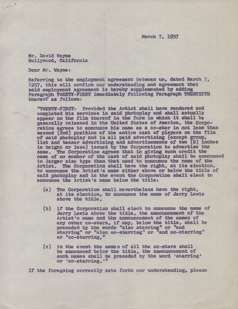 DAVID WAYNE - DOCUMENT SIGNED 03/07/1957 WITH CO-SIGNERS