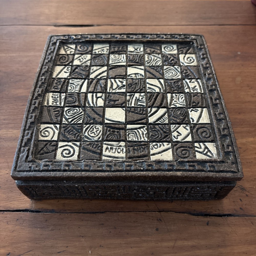 Vintage Mini Mayan Aztec Chess Set Complete Brown & Cream