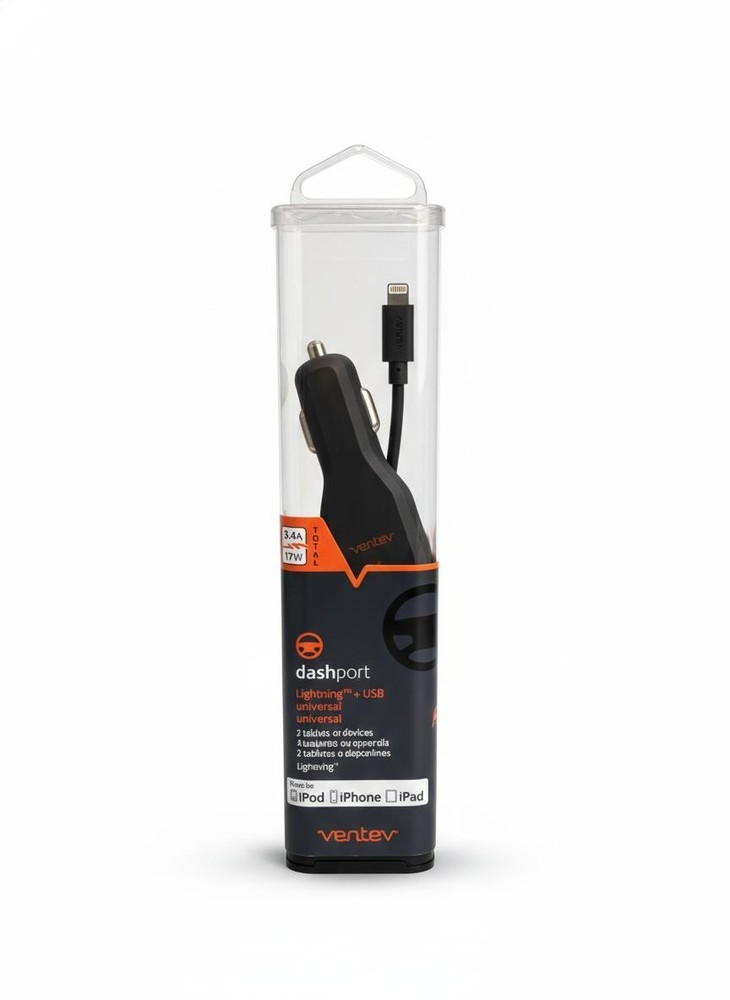 Ventev Coiled Car Charger with Connector and Extra USB Port - Black