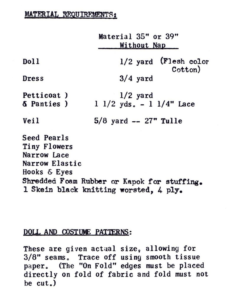BRIDE DOLL Pattern PARADE 411-T Mail Order Approx. 15" UN-PRINTED
