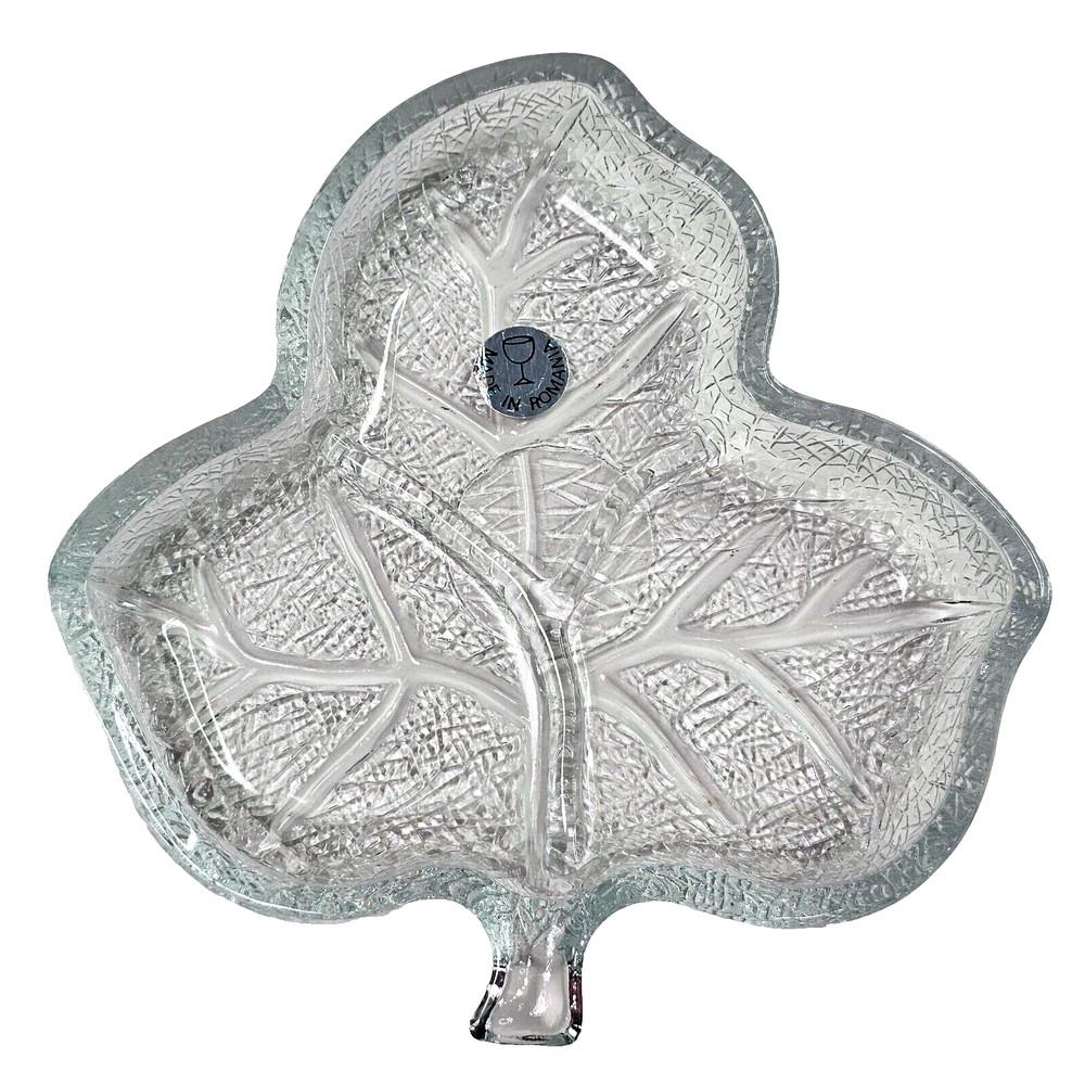 Vintage Romanian Pressed Crystal Leaf Shaped Divided Serving Dish 7" Clear Décor