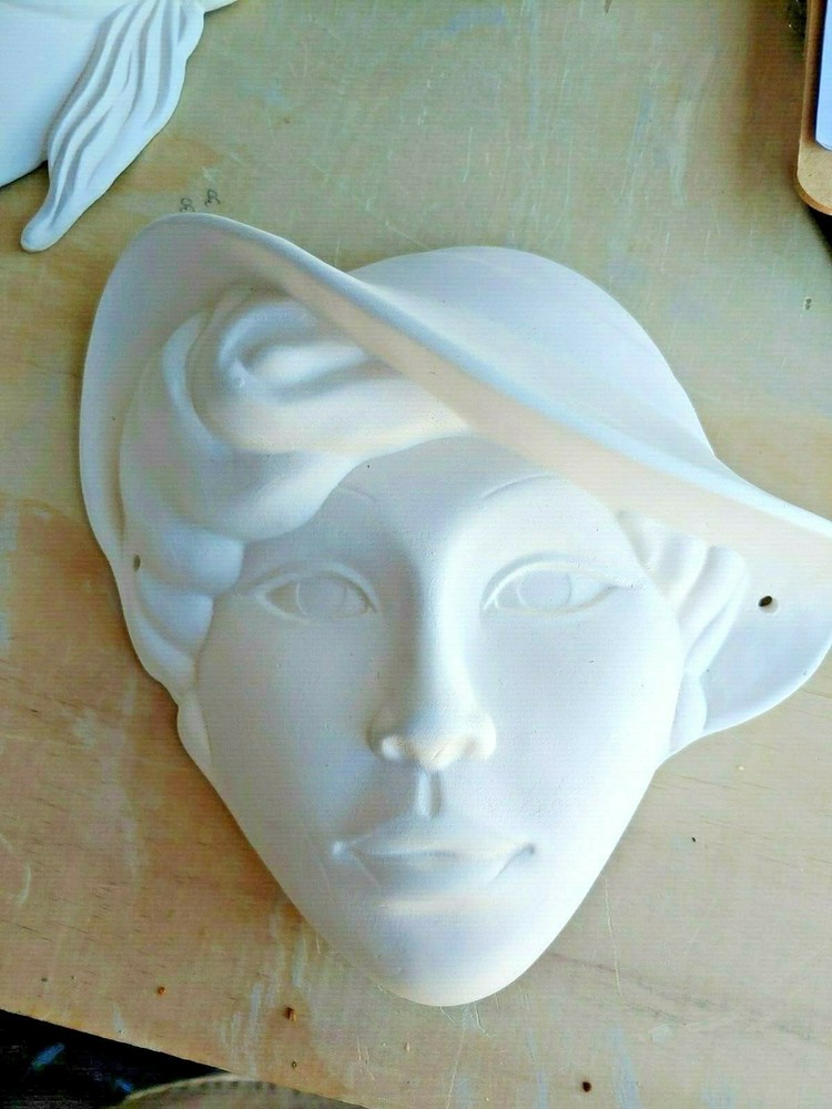 Ceramic bisque mask lady with hat u paint