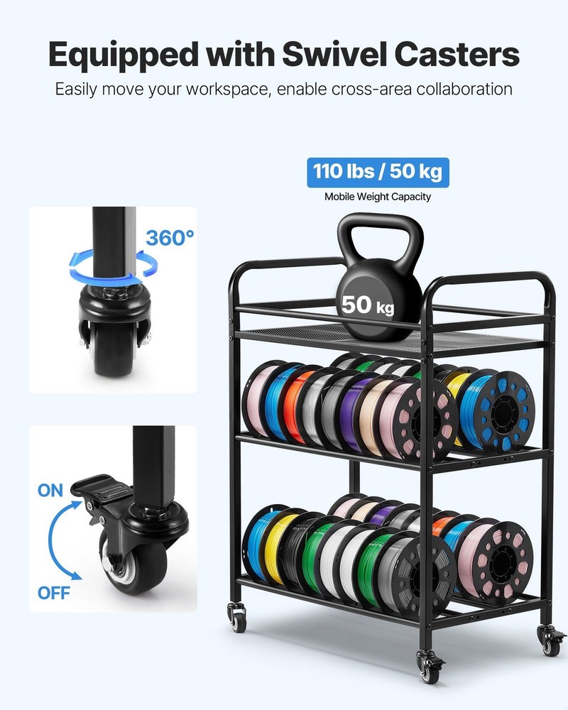 Heavy Load 3 Tier Spool Holder 280lb Strong Frame with Lockable Wheels