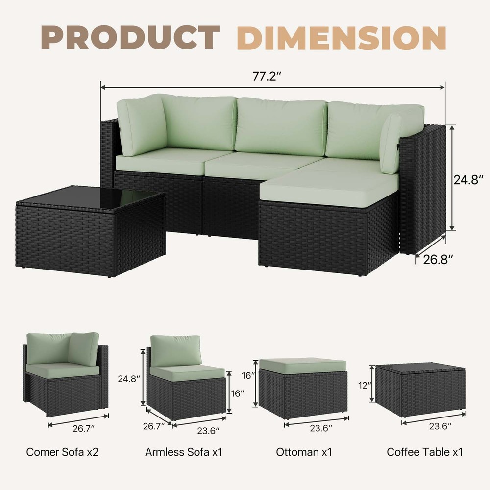 3-Piece Black Rattan Conversation Set Sofa Ottoman Table Light Green