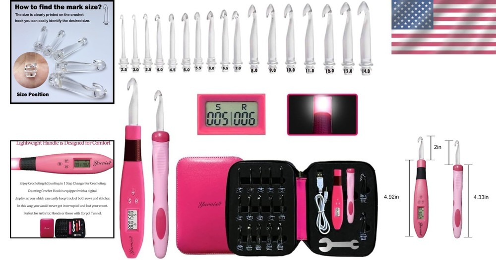 17 Size Crochet Hooks Set with Light & Counter