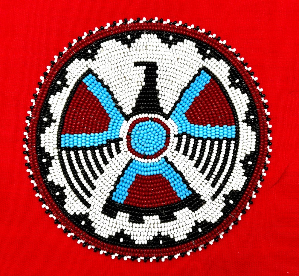 Handmade beaded 5 inch Thunderbird White Red rosette