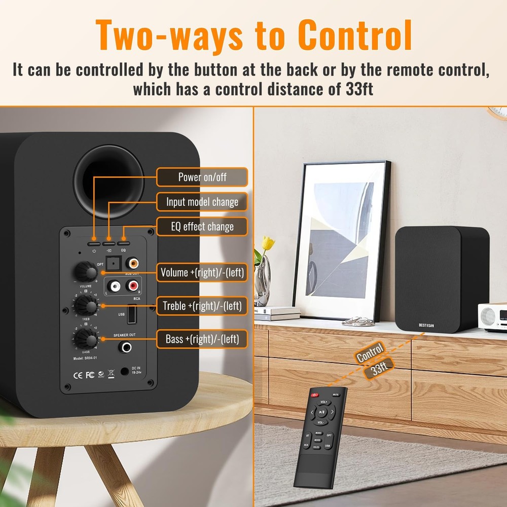 Powered Bluetooth Bookshelf Speakers with Sub Out, RCA & USB Inputs with 4 in