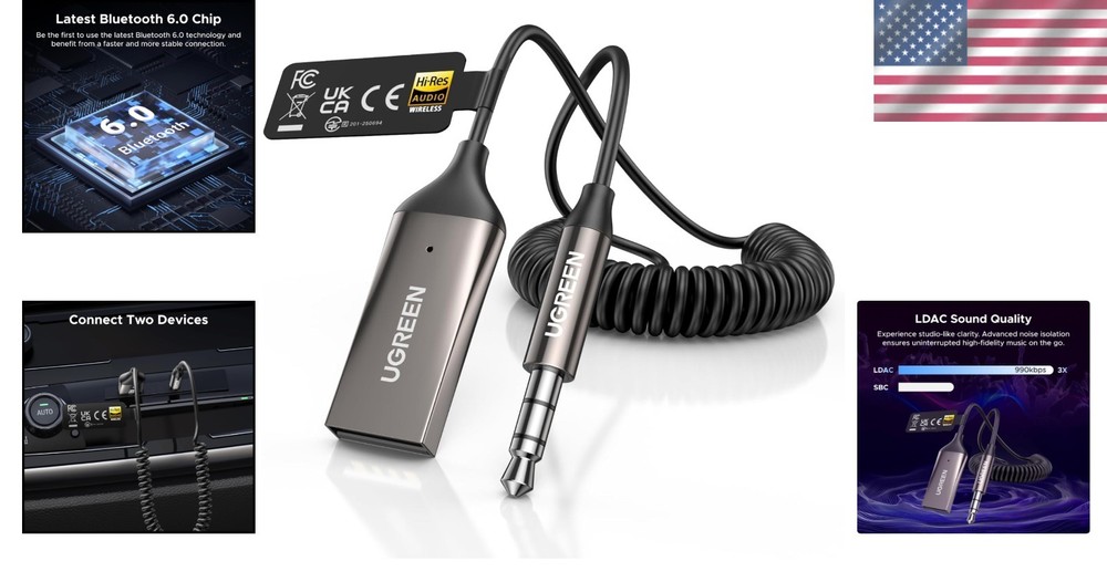 Compact Bluetooth 6.0 Car Adapter: Convert Aux to Bluetooth with LDAC Support