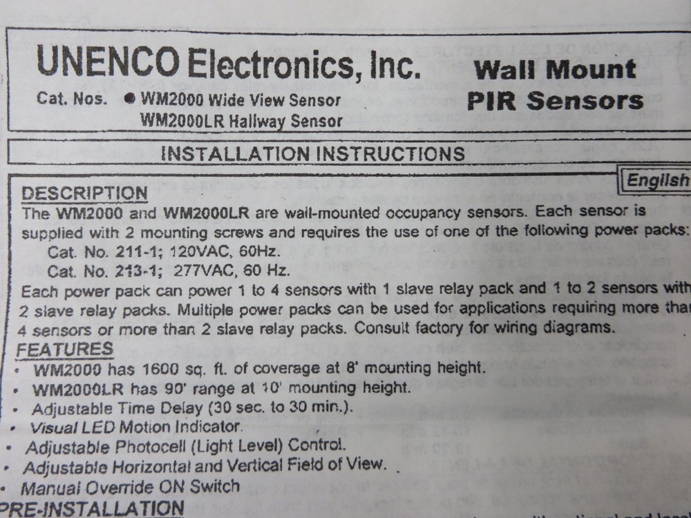 UNENCO MOTION SENSOR # WM2000 WIDE VIEW wall mount PIR