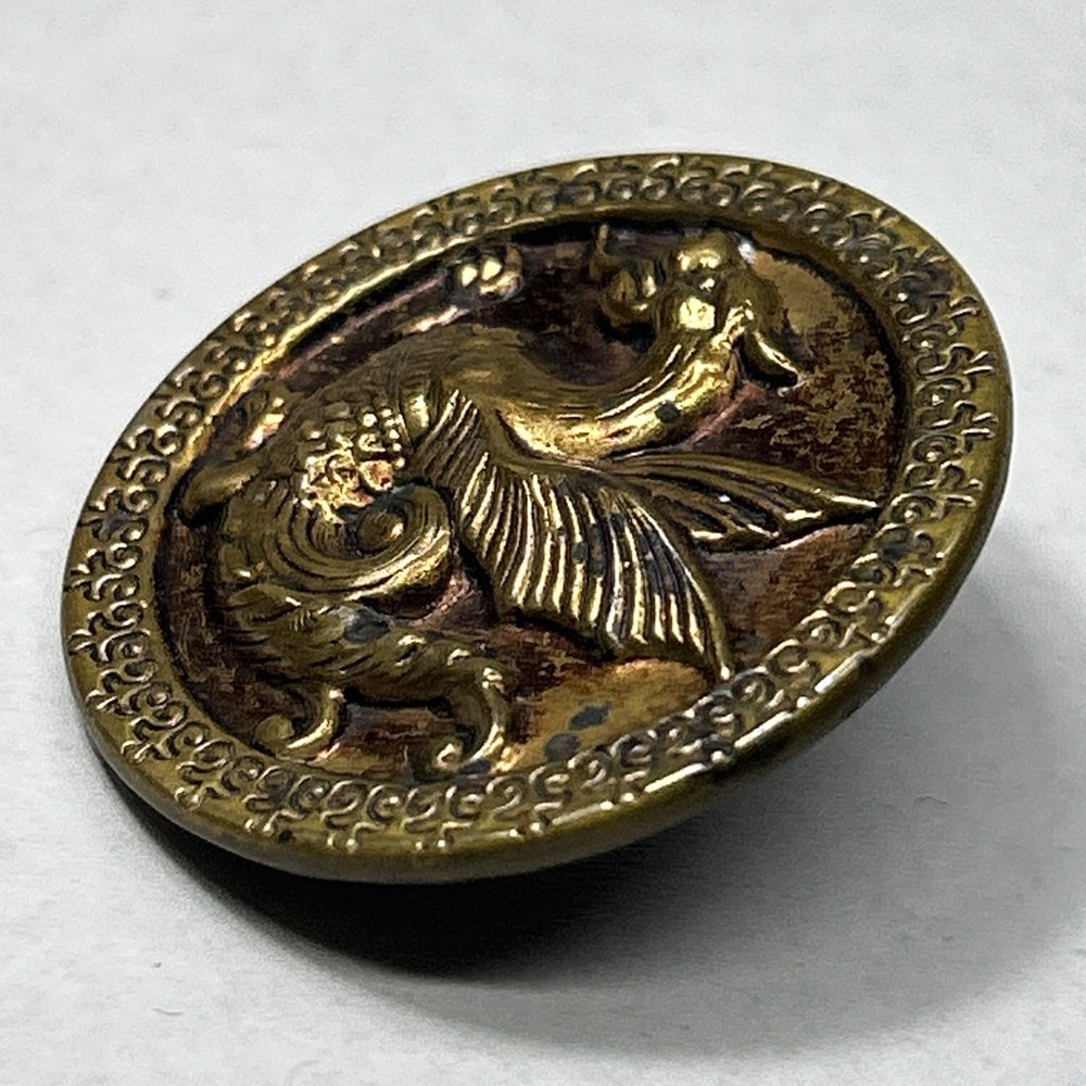 Antique Picture Button Mythological Creature Side View Dragon