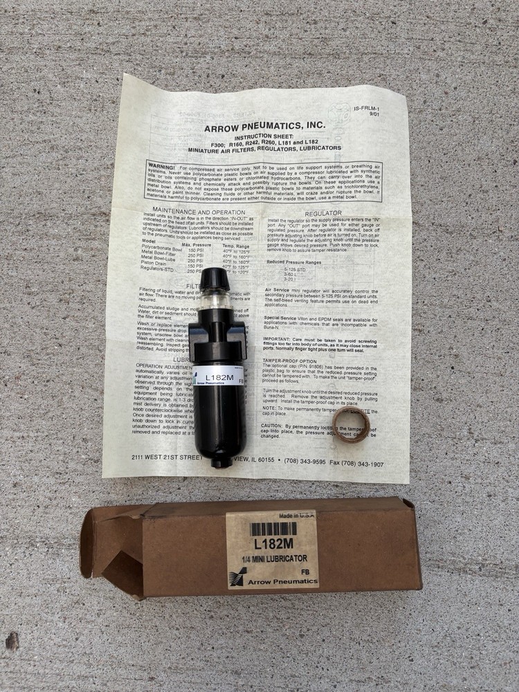 ARROW PNEUMATICS L182 Mini Lube Lubricator, metal bowl, 1/4” USA made