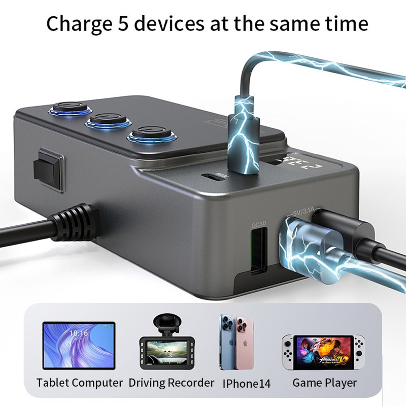 8in1 Multi Socket Car Cigarette Lighter Splitter QC3.0 PD USB/C Charger Adapter