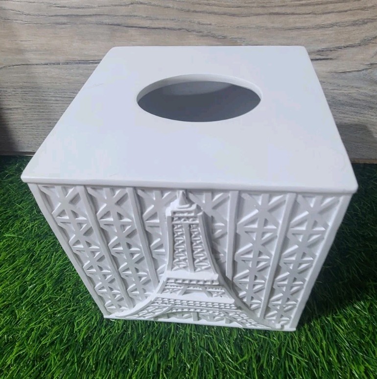 WHITE TEXTURED RESIN EIFFEL TOWER TISSUE BOX HOLDER