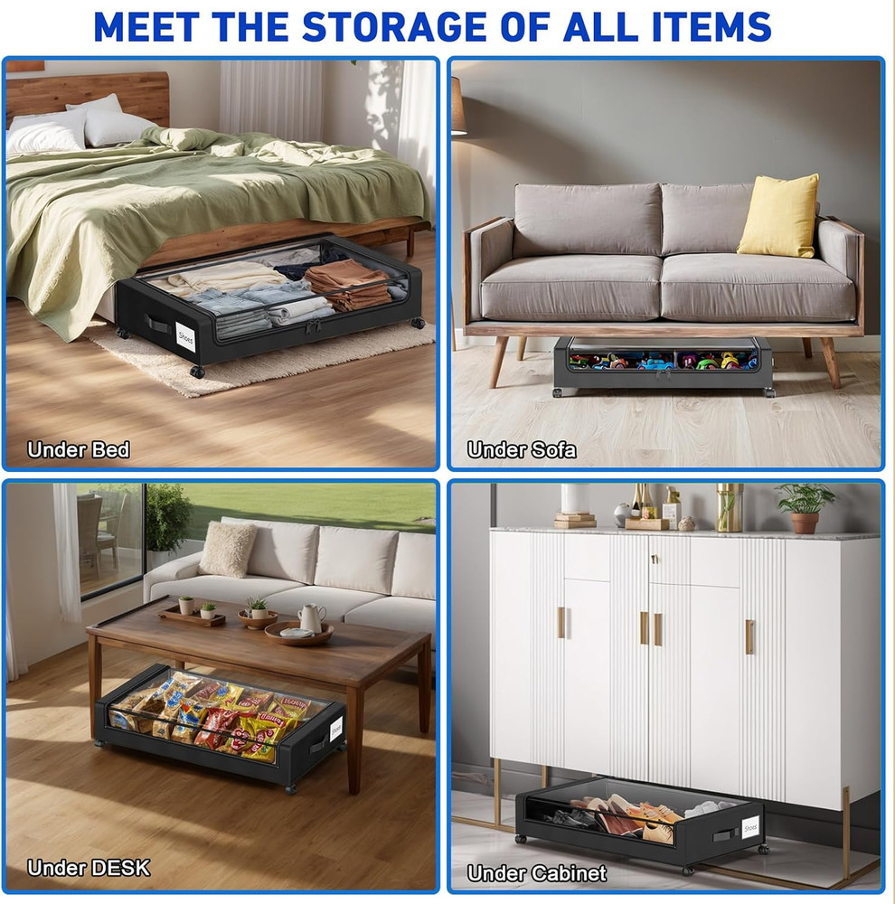 Beborxue under Bed Storage with Wheels, 4-Pack Underbed Storage Containers with