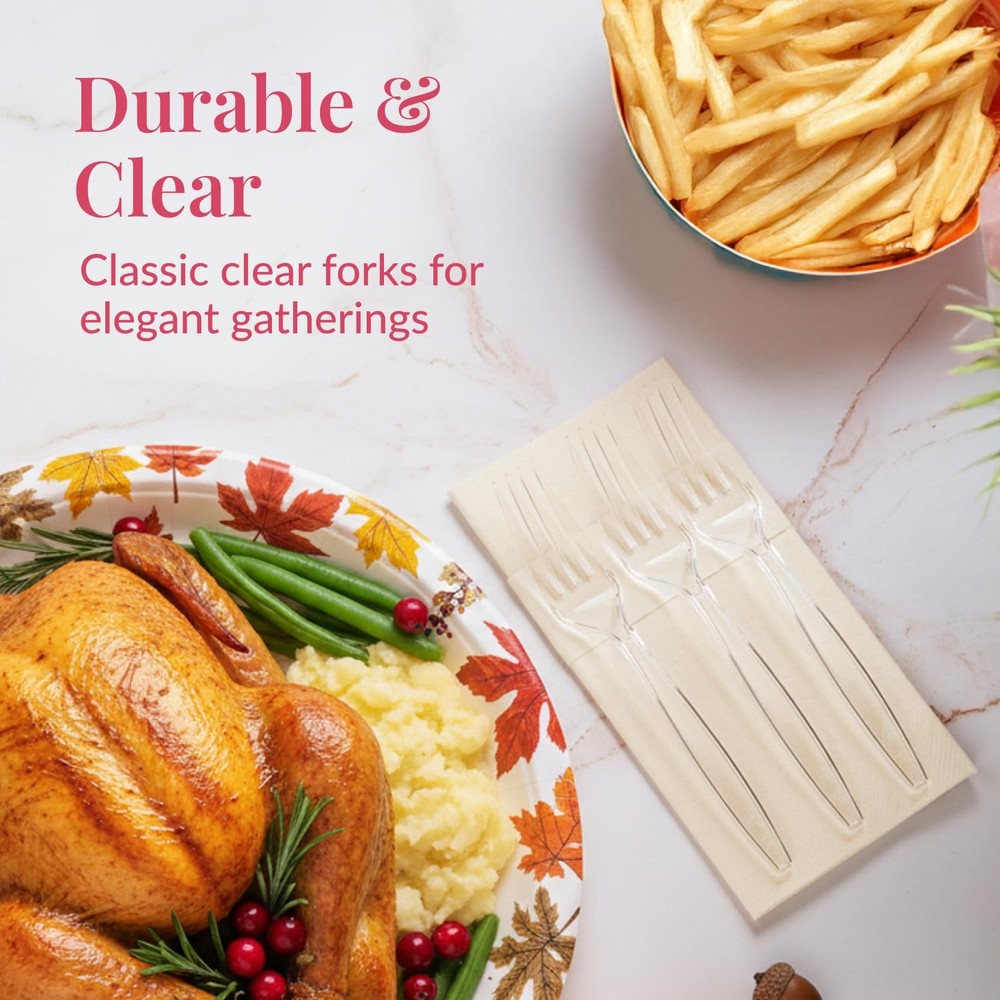 300 Count Disposable Plastic Forks - Heavy Duty Silverware Bulk Set - Clear P...
