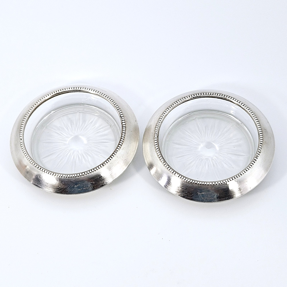Pair Frank M Whiting Sterling Silver Overlay Crystal Coasters