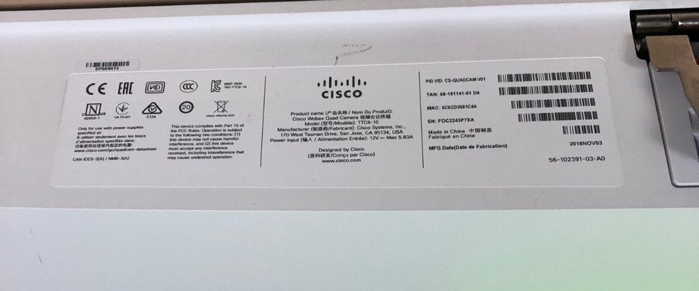 Cisco TTC8-10 Webex Quad Camera & TTC5-09 Touch Panel W/Table Microphone 20