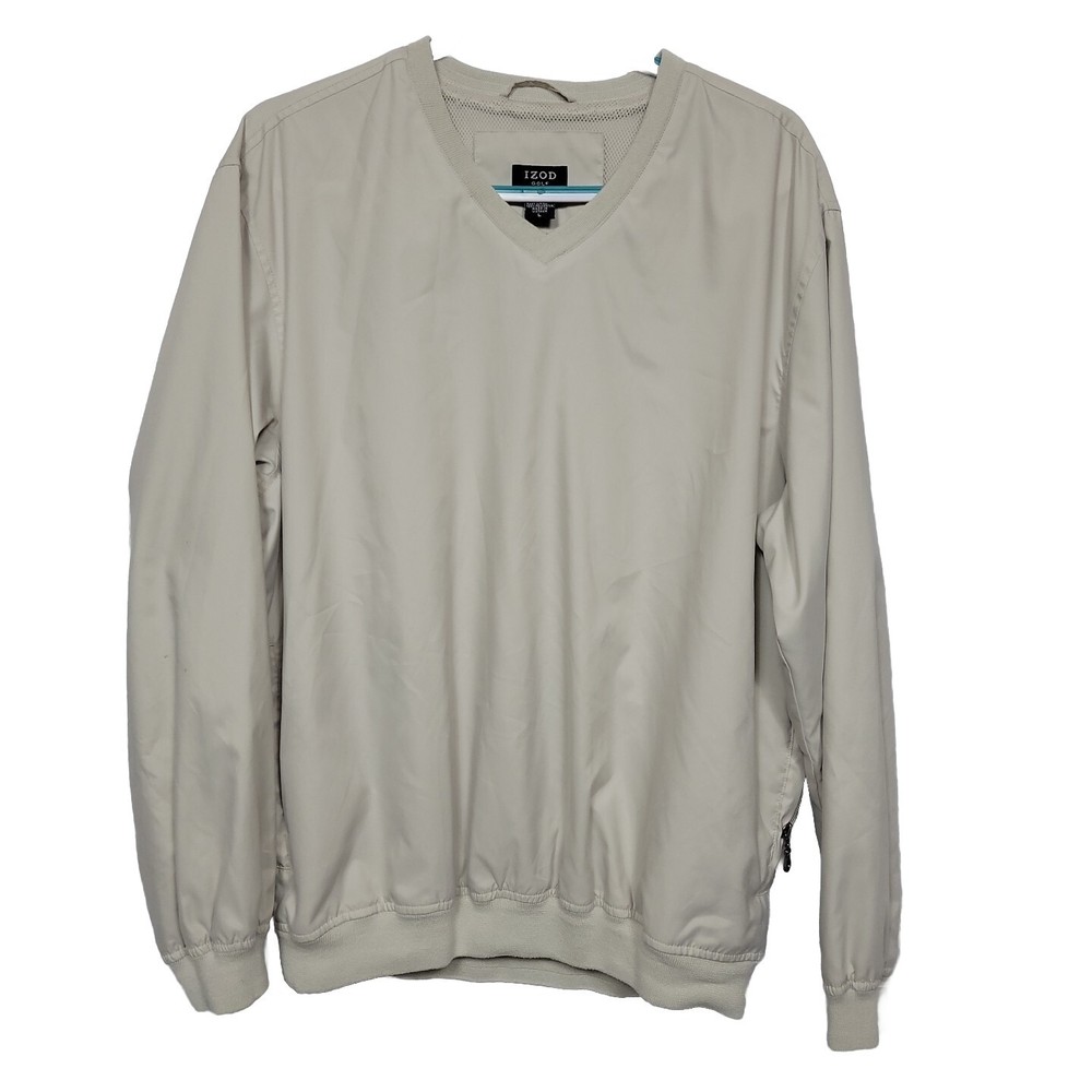 IZOD Golf Windbreaker  Mens Large Pull Over Lined Pockets Beige Performance