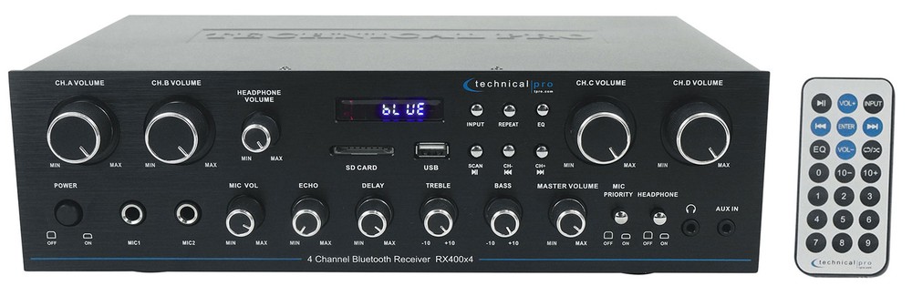 Technical Pro RX400X4 4 Channel 8 Speaker Bluetooth Home Receiver+Mic Inputs