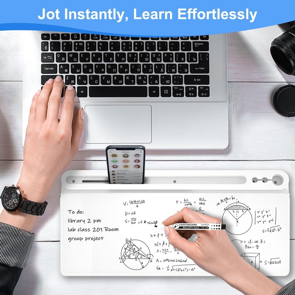 Desktop Glass Whiteboard with Storage, Desk White Board with Computer Keyboar...