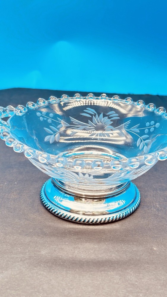 Imperial Candlewick 5" Handled Bowl Etched Floral Solid Sterling Silver Base