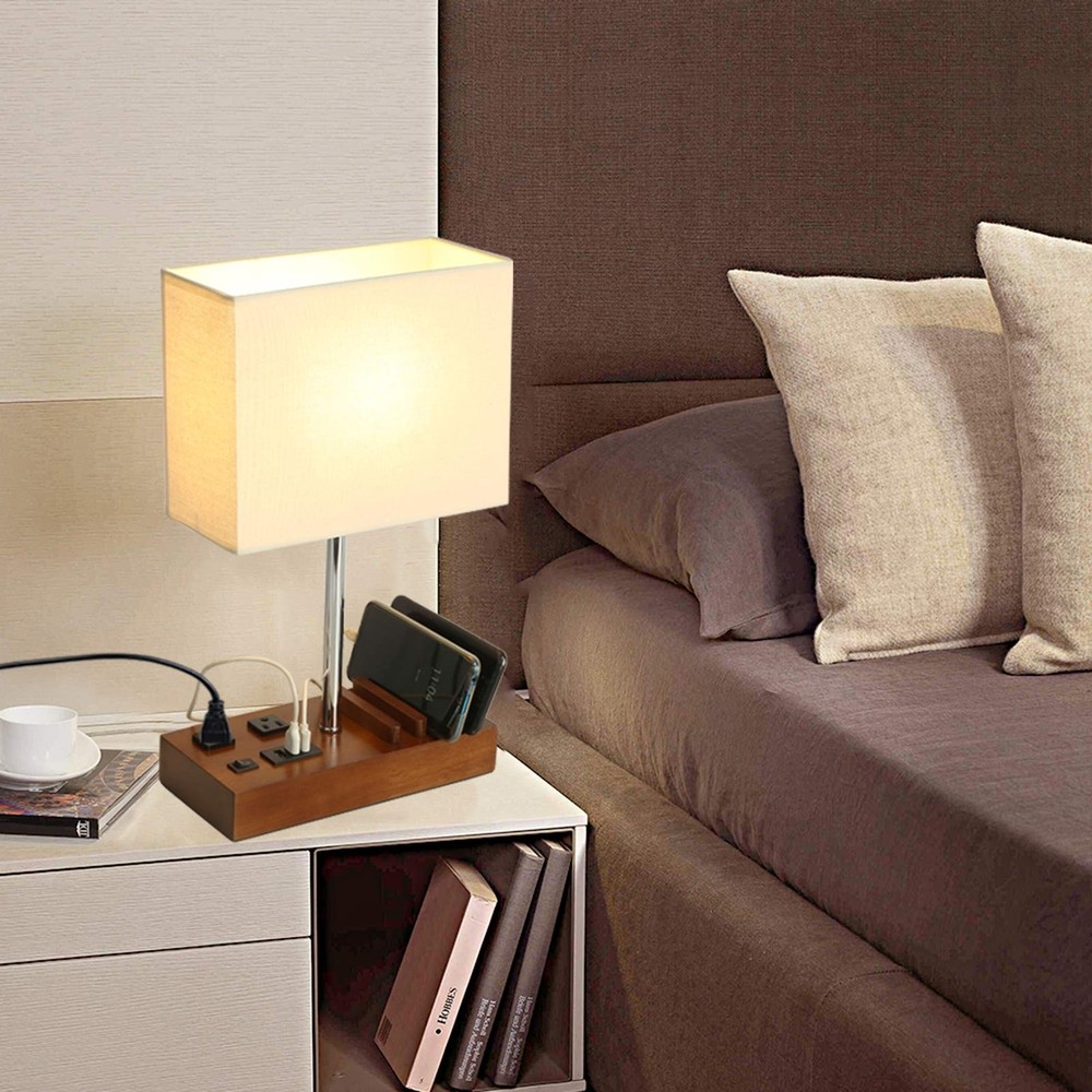 Briever USB Table Lamp, MultiFunctional Bedside Desk Lamp with 2 AC Outlets, ...