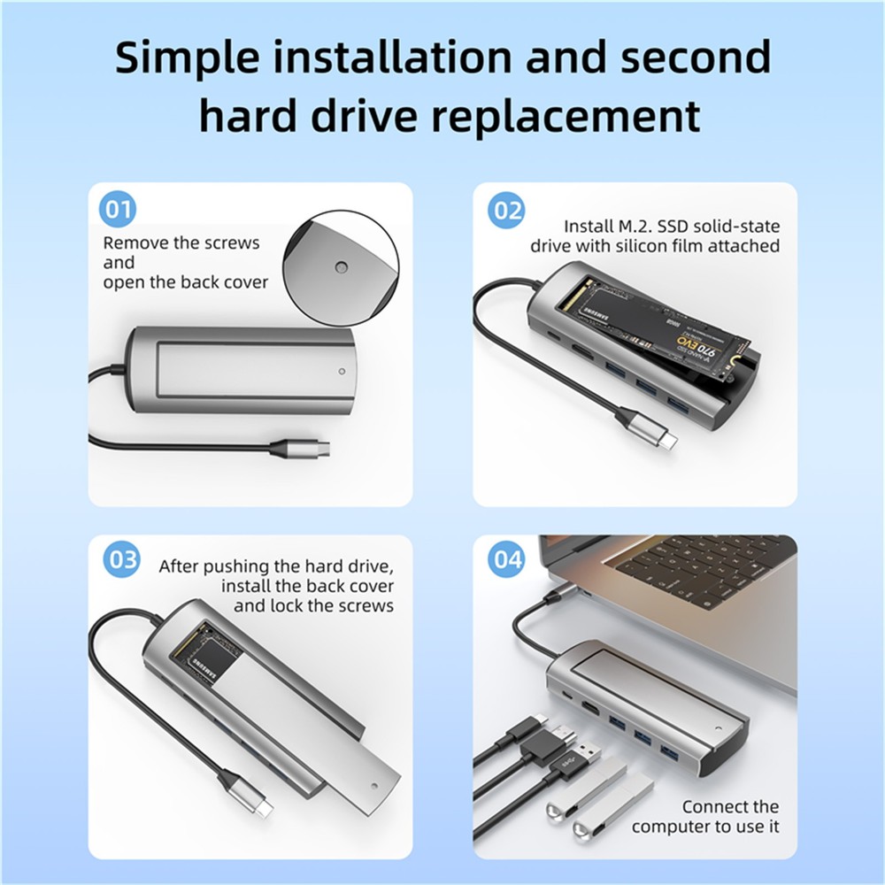 1Pcs 6 In 1 TYPE C TO HDMI USB3.0 SSD Enclosure USB HUB W/ Disk Storage Function