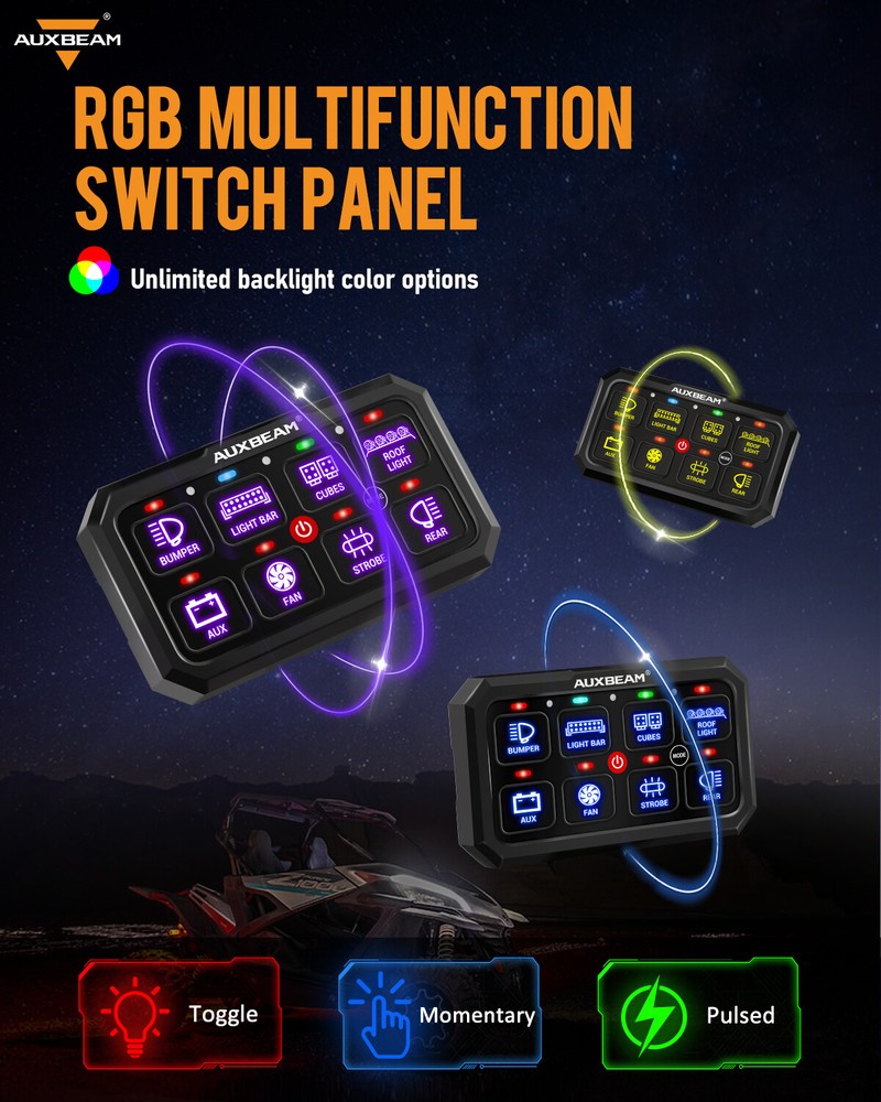 AUXBEAM RB80 RGB 8 Gang Switch Panel ATV UTV 4WD Multifunction System Control XL