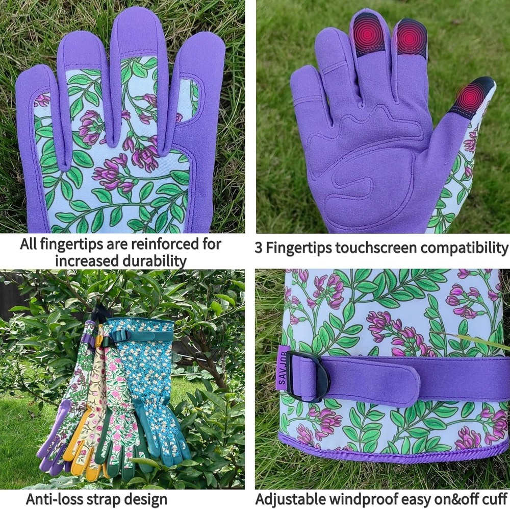 Adjustable Floral Pattern Gardening Gloves with Touchscreen Compatibility, Large