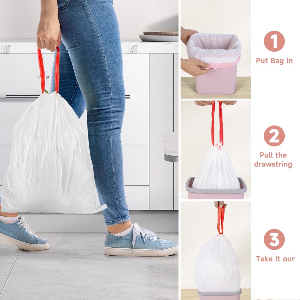 6 Gallon Trash Bags Drawstring - White Medium Kitchen Garbage Bags Plastic Un...