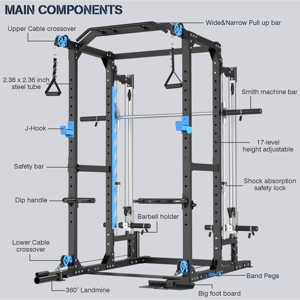 Smith Machine System Power Cage Rack Cable Crossover Home Gym System
