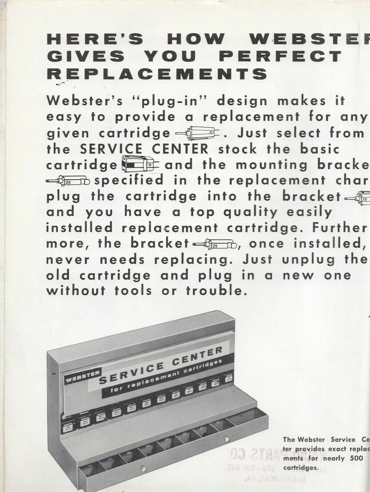 RARE WEBSTER ELECTRIC PHONO CARTRIDGE REPLACEMENT CHART - PHONOGRAPH