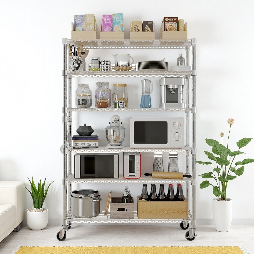 6-Tier Rolling Wire Shelving Unit - Heavy Duty, Adjustable, Hooks & Silver