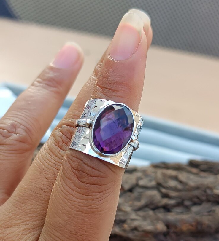 Solid 925 Sterling Silver Natural Amethyst Gemstone Hammered Wide Band Boho Ring