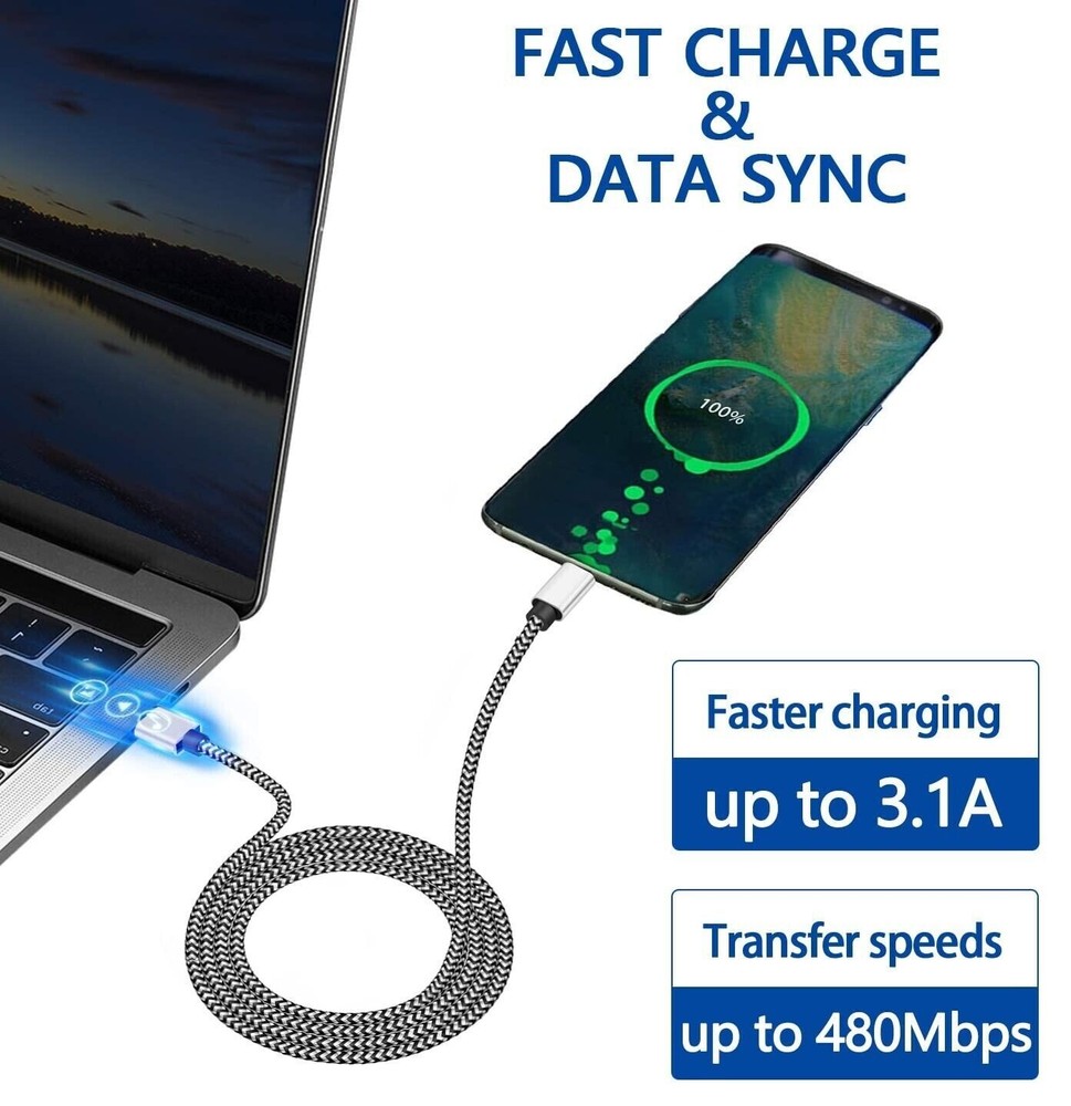 5-Pack Braided USB C Type-C Fast Charging Data SYNC Charger Cable Cord 3/6/10FT