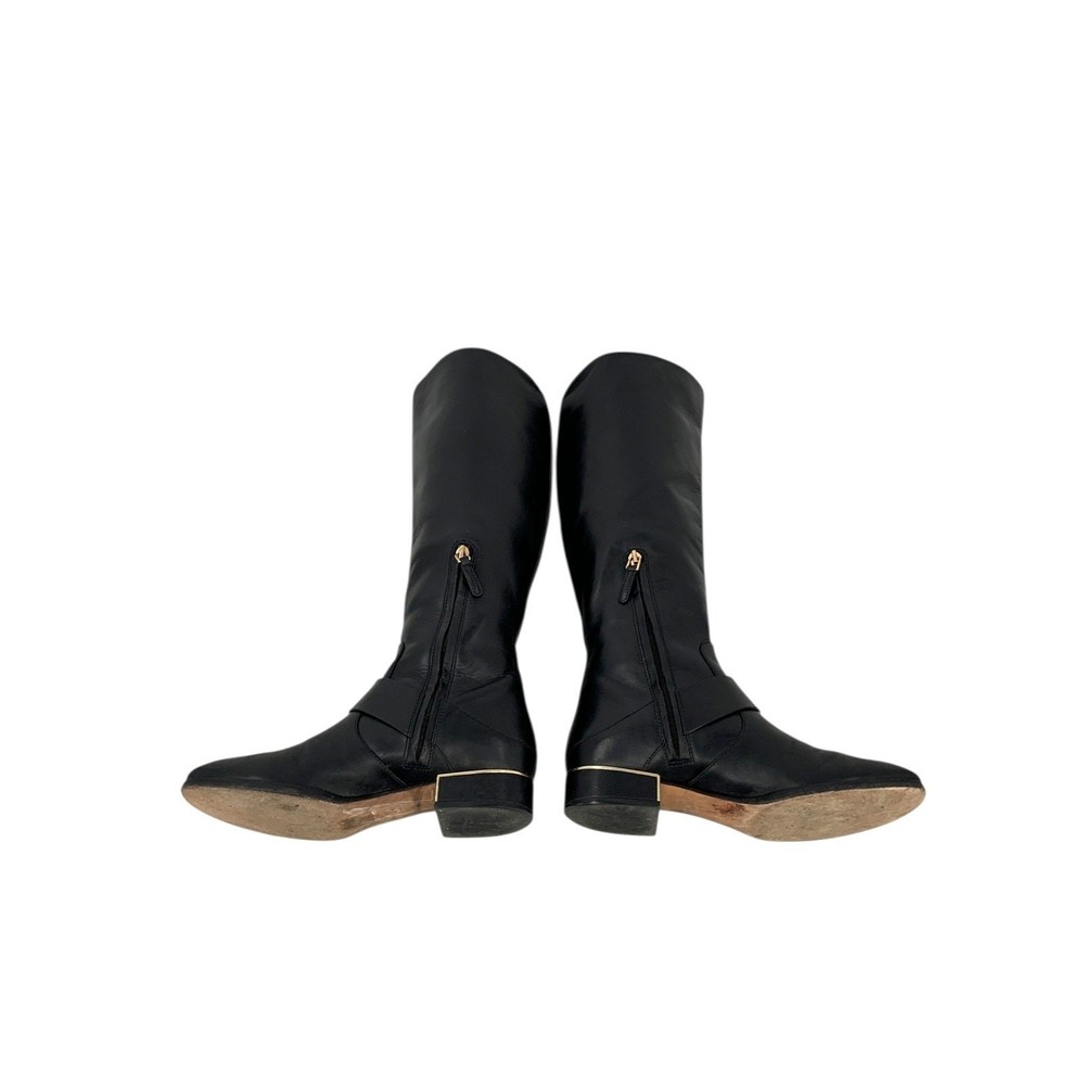 Tory Burch SOFIA BUCKLED Logo Knee High Riding Boot Flat Equestrian 7M Black