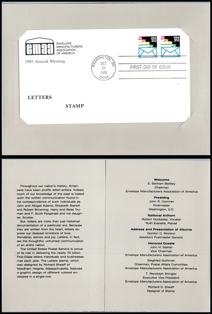 1985 Letters Stamp 21.2c rate EMAA FDC Sc 2132 Ceremony Program souvenir