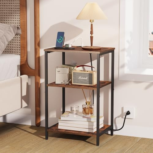 X-cosrack Side Table with Charging Station, Rustic Brown With Charging Station