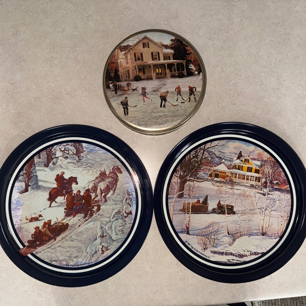 2 Winter Scenes Metal Platters and Cookie Tin