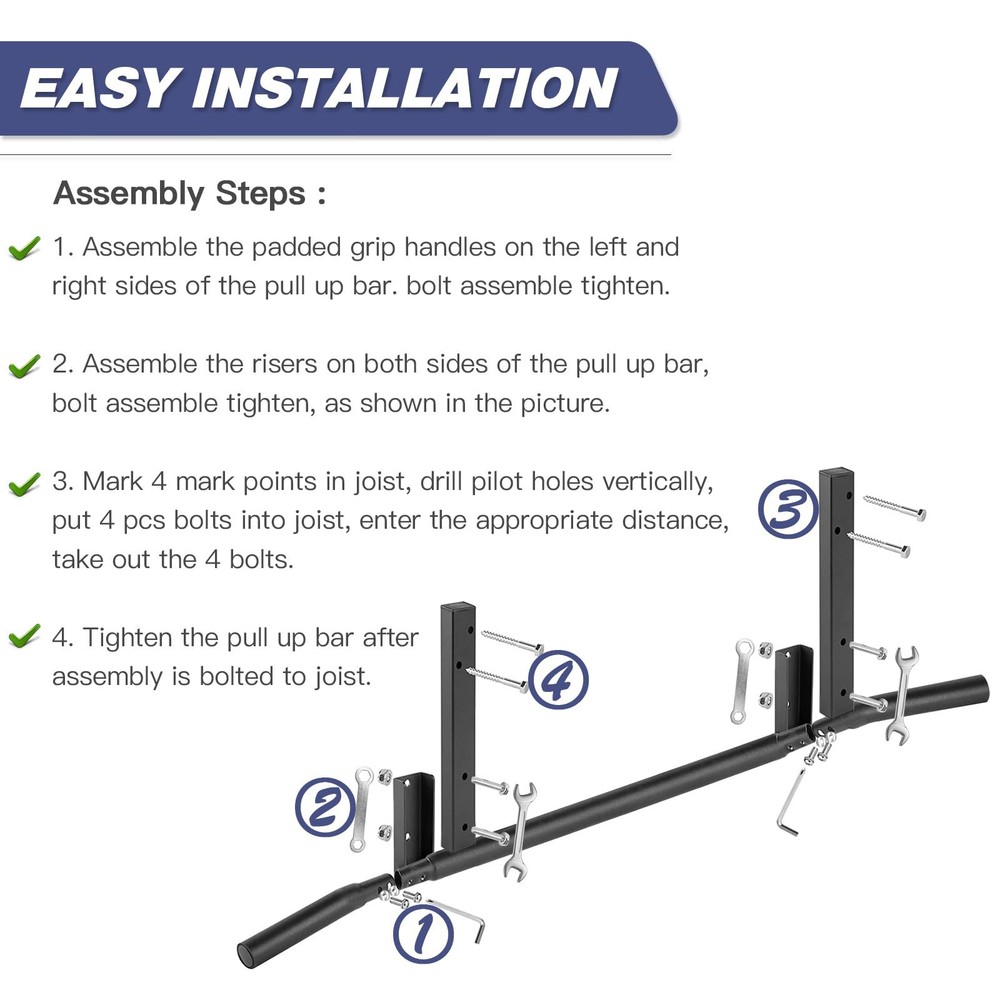 ATENTO Pull Up Bar, Chin Bars Ceiling Mount, Workout for Home Gym, Black