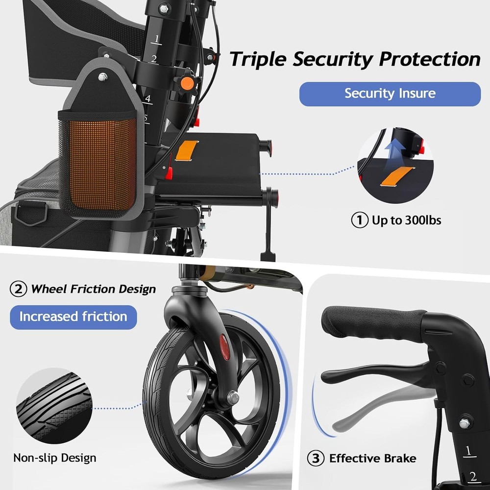Foldable Rollator Walker w/ 8" All Terrain Rubber Wheels w/ seat and backrest