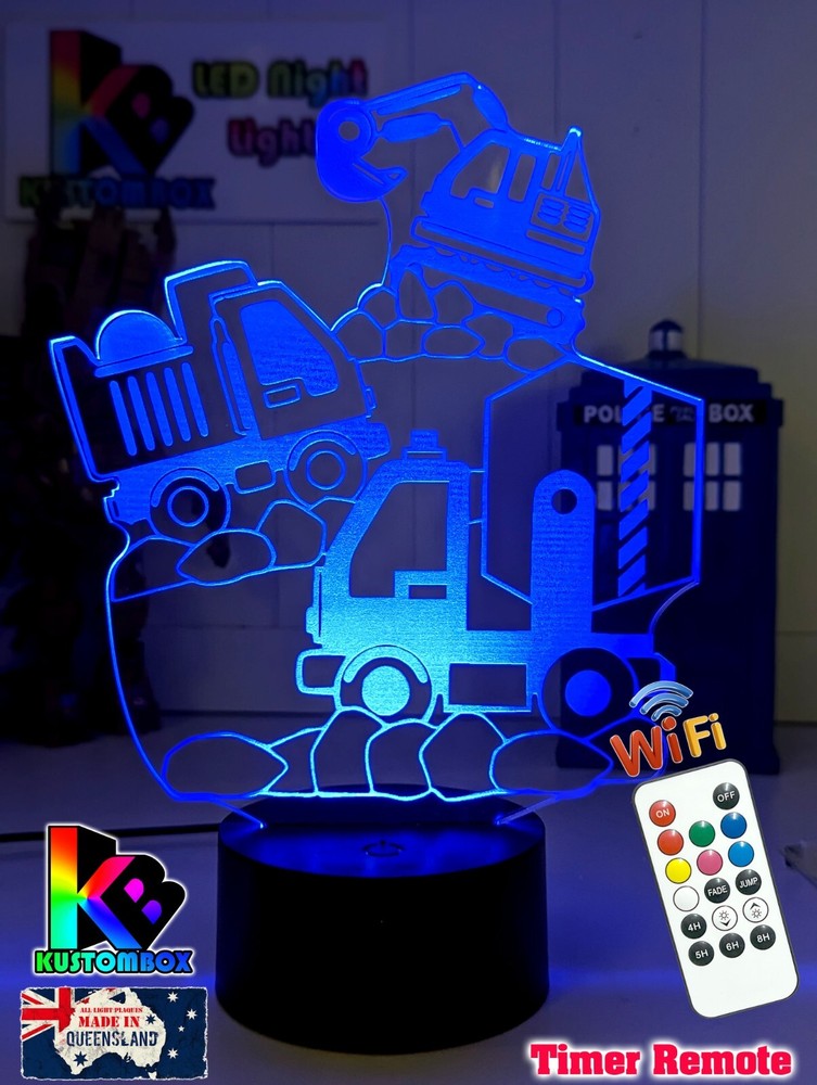EXCAVATOR CONSTRUCTION TRUCK QUARRY 3D LED NIGHT LIGHT LAMP + REMOTE CONTROL