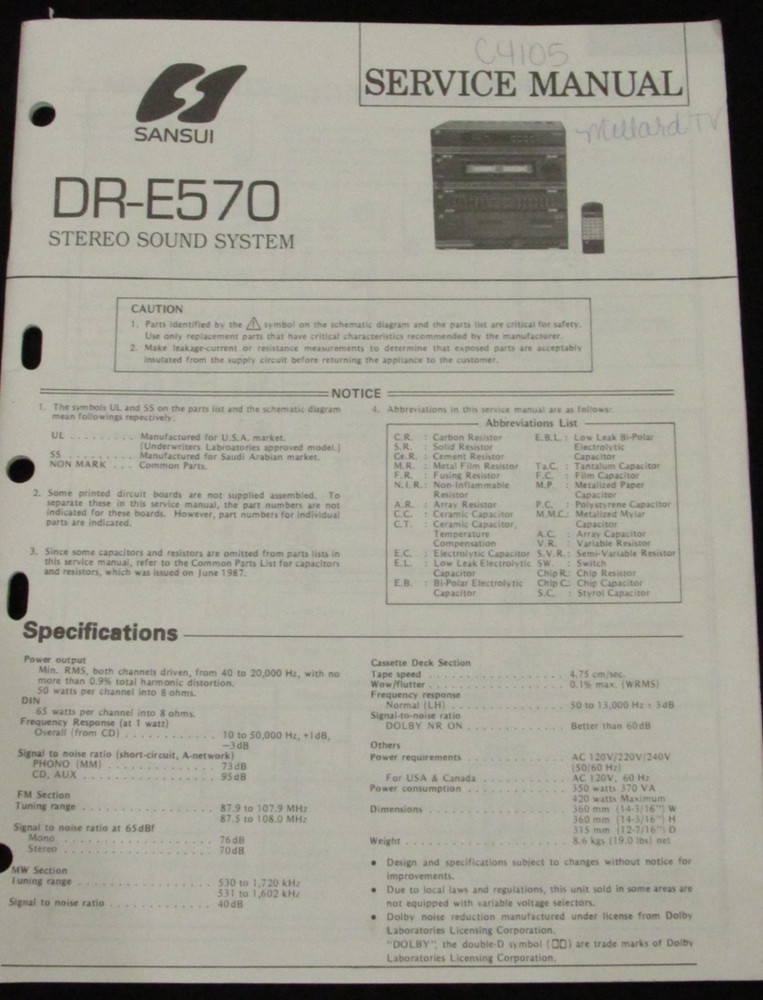 Sansui DR-E570 Stereo System Original Service Repair Manual